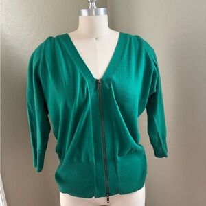 CAbi Green V-Neck Sweater with Puff Sleeves